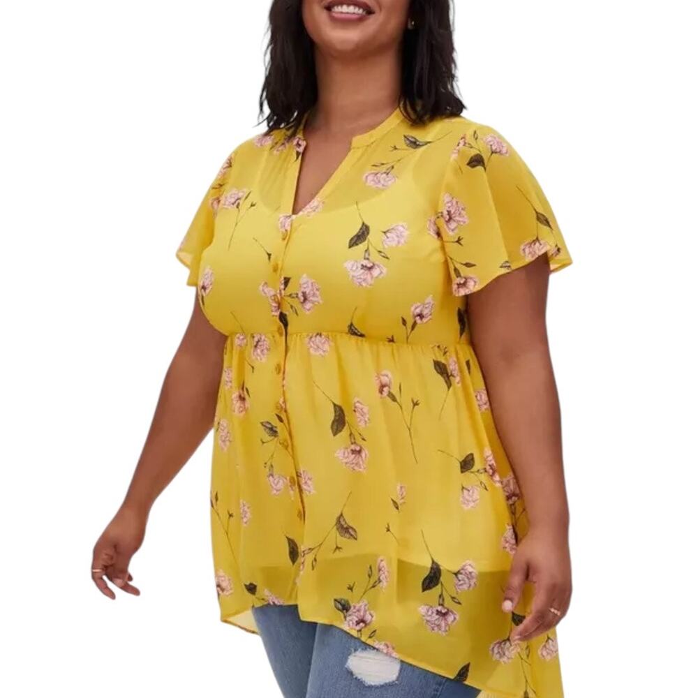 Torrid Button Up Flutter Sleeve Hi Lo Chiffon Floral Blouse size 1X Yellow